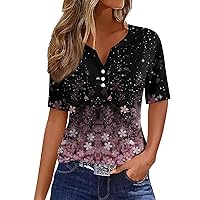 Women's Spring Summer Plus Sized Trendy Graphic T-Shirt Boho V Neck Button Down Short Sleeve Dressy Casual Tops