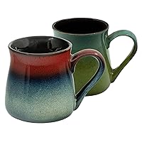 Large Pottery Coffee Mug 24 oz - Oversized Ceramic Cup with Big Handle - 1 pcs Red to Blue and 1 pcs Green to Blue