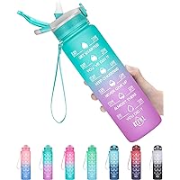 32oz Leakproof Motivational Sports Water Bottle with Straw & Time Marker, Flip Top Durable BPA Free Tritan Non-Toxic Frosted Bottle Perfect for Office, School, Gym and Workout (Ombre: