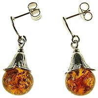 BALTIC AMBER AND STERLING SILVER 925 DESIGNER COGNAC FLOWER BUD DANGLING STUD EARRINGS JEWELLERY JEWELRY