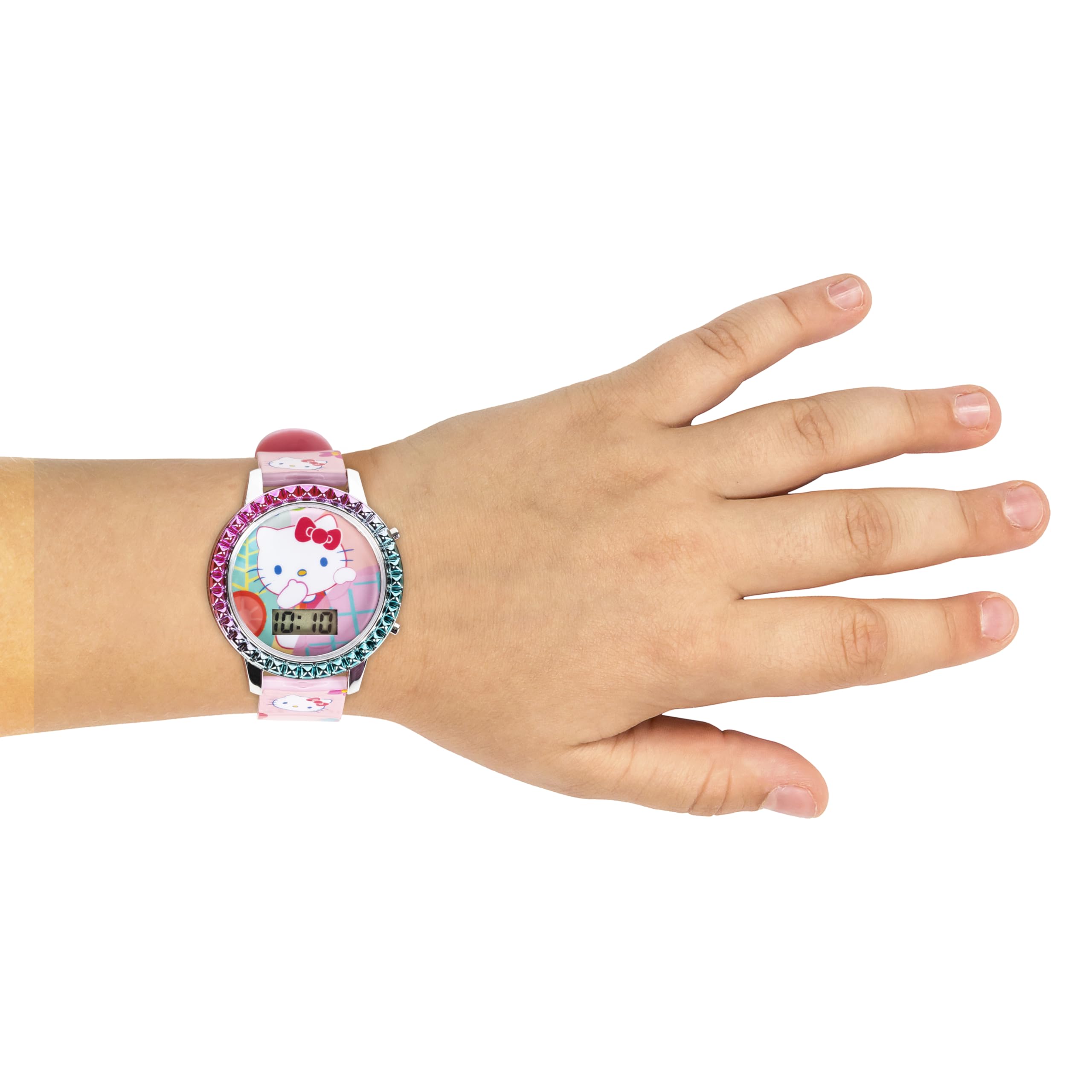 Accutime Hello Kitty Digital LCD Quartz Kids Pink Watch for Girls with Hello Kitty and Friends Pink All Over Print Band Strap (Model: HK4167AZ)