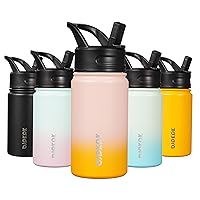 BJPKPK Water Bottle with Straw Lid, 15oz Insulated Water Bottle, Stainless Steel Metal Water Bottles, Reusable Leak Proof BPA Free Thermos, Flask, Cups, Coral