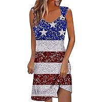 July 4th Dresses Plus Size 4th of July Dress for Women America Flag Print Sexy Vintage Fashion with Sleeveless Round Neck Splice Dresses Deep Red X-Large