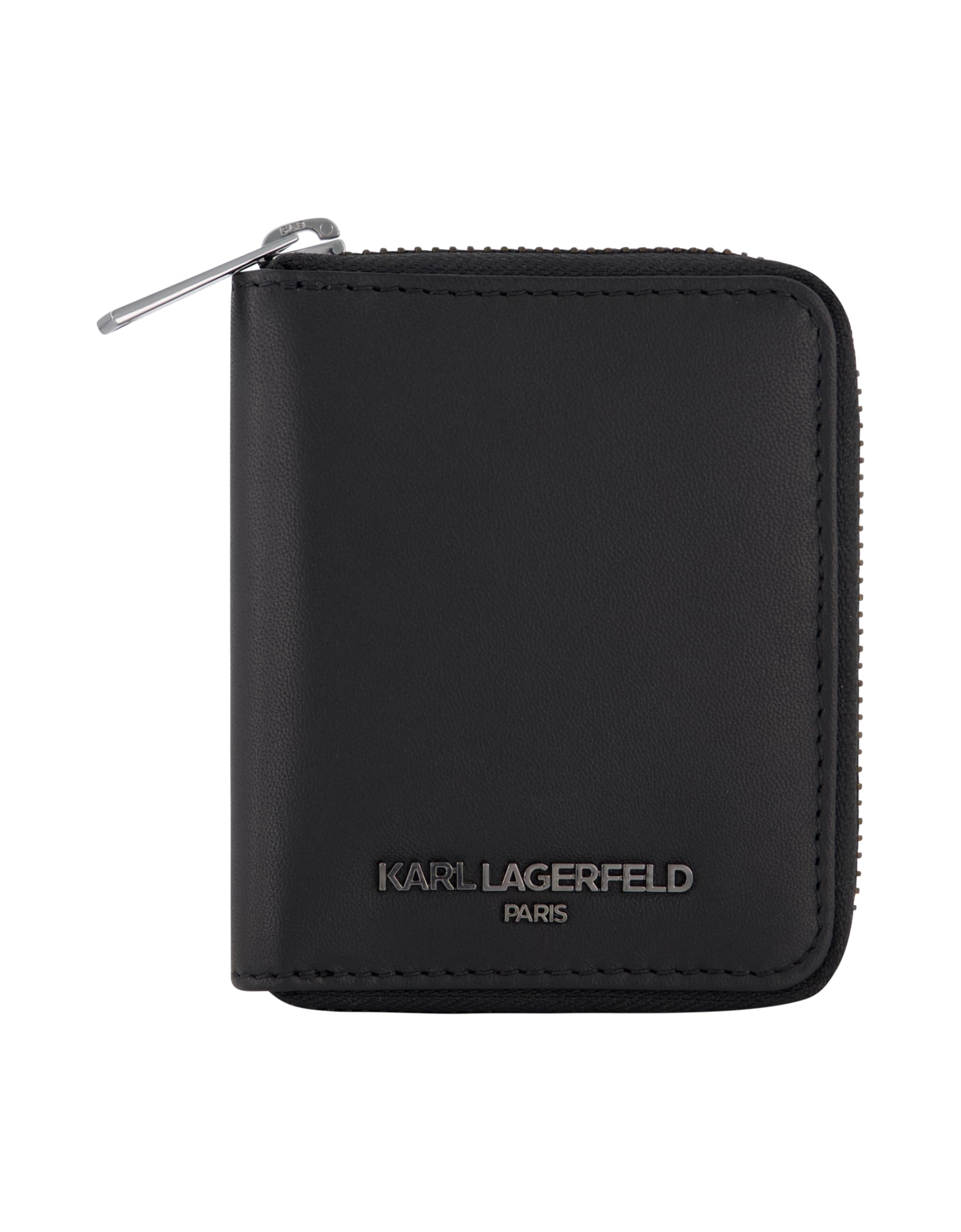 Karl Lagerfeld Paris Men's Nappa Grey Bubble Leather Iconic Logo on a Gunmetal Plate Zip Around Wallet, Black_logo3, One Size
