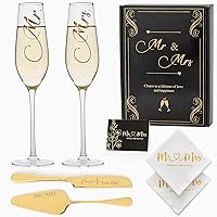 Wedding Cake Knife And Server Set Mr ＆ Mrs Champagne Flutes, Bride And Groom Gold Engraved Toasting Glasses With Cocktail Napkins Cake Cutting Set For Wedding, Personalized Engagement Gifts For Couple