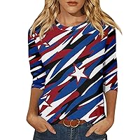 Independence Day Summer 3/4 Sleeve Tops for Women USA Printed Flag Day Crewneck Casual 4th of July Shirts