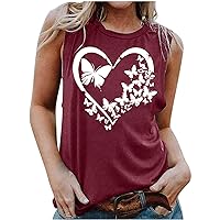 Tank Top for Women Heart Print Shirt Crew Neck Casual Sleeveless Butterfly Graphic Tee Going Out Beach Vacation Tops