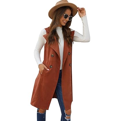 SheIn Women's Double Breasted Long Vest Jacket Casual Sleeveless Pocket Outerwear Longline