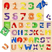 Roberly Wooden Peg Puzzles for Toddlers, 2 in 1 Alphabet Puzzle and Number Puzzle Montessori Toys for Girls Boys Kindergarten, ABC Puzzle Set Preschool Learning Educational Birthday Gifts for Kids
