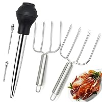 Thanksgiving Roasting Kit - Stainless Steel Turkey Baster and Turkey & Roast Lifters, Silicone Turkey Baster with 2 Marinade Needles & Stainless Steel Turkey Forks Set