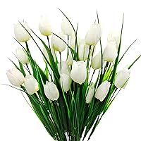 6 Pcs Tulips Artificial Flowers for Outdoors, Fake Plants Faux Plastic Silk Floral Arrangement for Home Indoor Outside Table Vase Garden Spring Decor (White)