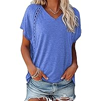 EVALESS Womens Fashion Oversized Summer Tops Casual Short Sleeve V Neck Lace Patchwork Shirts 2024 Basic T-Shirts Tee Blouses