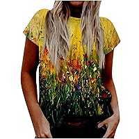 Women's Summer Colorful Tee Shirt Casual Blouses Crew Neck Tunic Pullover Basic Print T-Shirt Shift Short Sleeve Tops