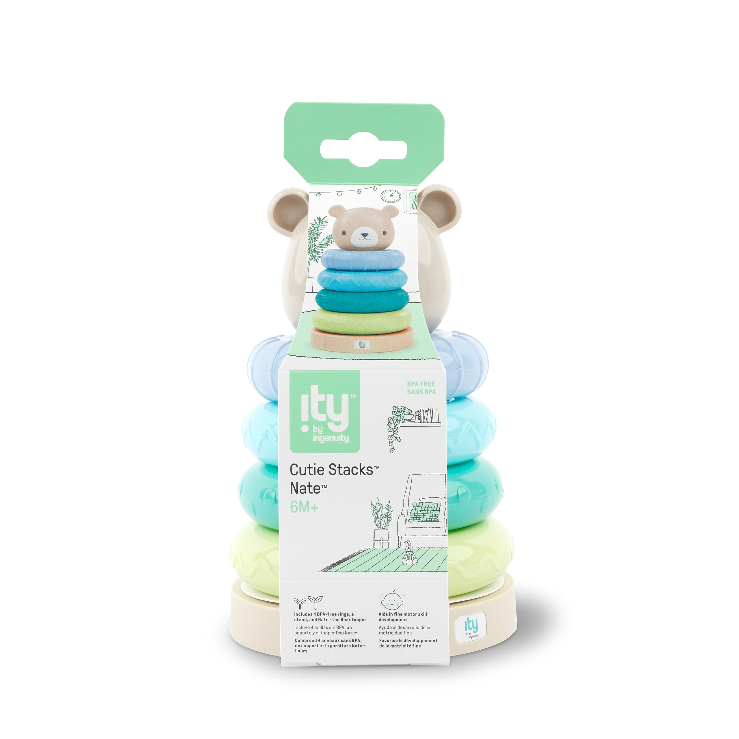 ity by Ingenuity Cutie Stacks, 4 BPA-Free Rings, Faux Wood Stand, Bear Topper, Unisex, for Ages 6 Months and Up - Nate