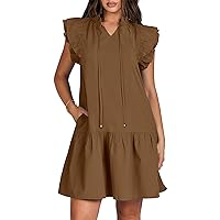 ANRABESS Womens Summer V-Neck Drawstring Ruffle Cap Short Sleeve Casual Shift Mini Dress with Pockets