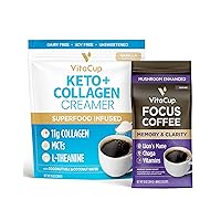 Vitacup Focus Mushroom Ground Coffee & Keto + Collagen Vanilla Coffee Creamer Bundle for Immune Support & Focus Cognitive Support, 10oz ground coffee & 10 oz Creamer Powder Bag