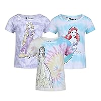 Princess Ariel, Rapunzel and Belle Girls 3 Pk Short Sleeve T-Shirt for Toddler and Big Kids – Purple/Blue/Pink