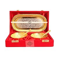 Indian Art Villa Silver Plated Gold Polished Bowl Set with Spoon Tray, Diwali Gift Item