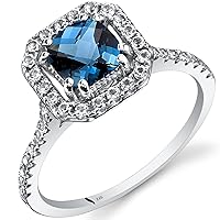 PEORA London Blue Topaz Ring for Women 14K White Gold with White Topaz, Genuine Gemstone Birthstone, 1 Carat Cushion Cut 6mm, Halo Design, Sizes 5 to 9
