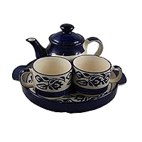 Ceramic Blue Handcrafted Cups & Kettle Gift Set Of 2 Ceramic cups, 1 kettle and 1 tray- Kitchen/Microwave Safe/Crockery/Gift Set/House Warming- 150ml each