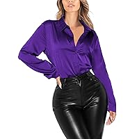 Satin Silk Button Up Blouses for Women Dressy Casual - Button Down Shirts Long Sleeve Office Tops with Pocket