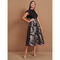 Dresses for Women - Exaggerate Ruffle Trim Jacquard Combo Dress (Color : Multicolor, Size : Medium)