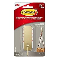 Command Medium Decorative Wall Hook, Holds up to 3 lb, Damage Free Hanging Wall Hooks with Adhesive Strips, No Tools Hanging Decorations in Living Spaces, 1 Satin Brass Hook and 2 Command Strips
