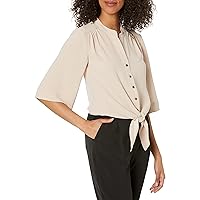 Trina Turk Women's Relaxed Fit Button Up with Front tie, Flawless Beige, Large