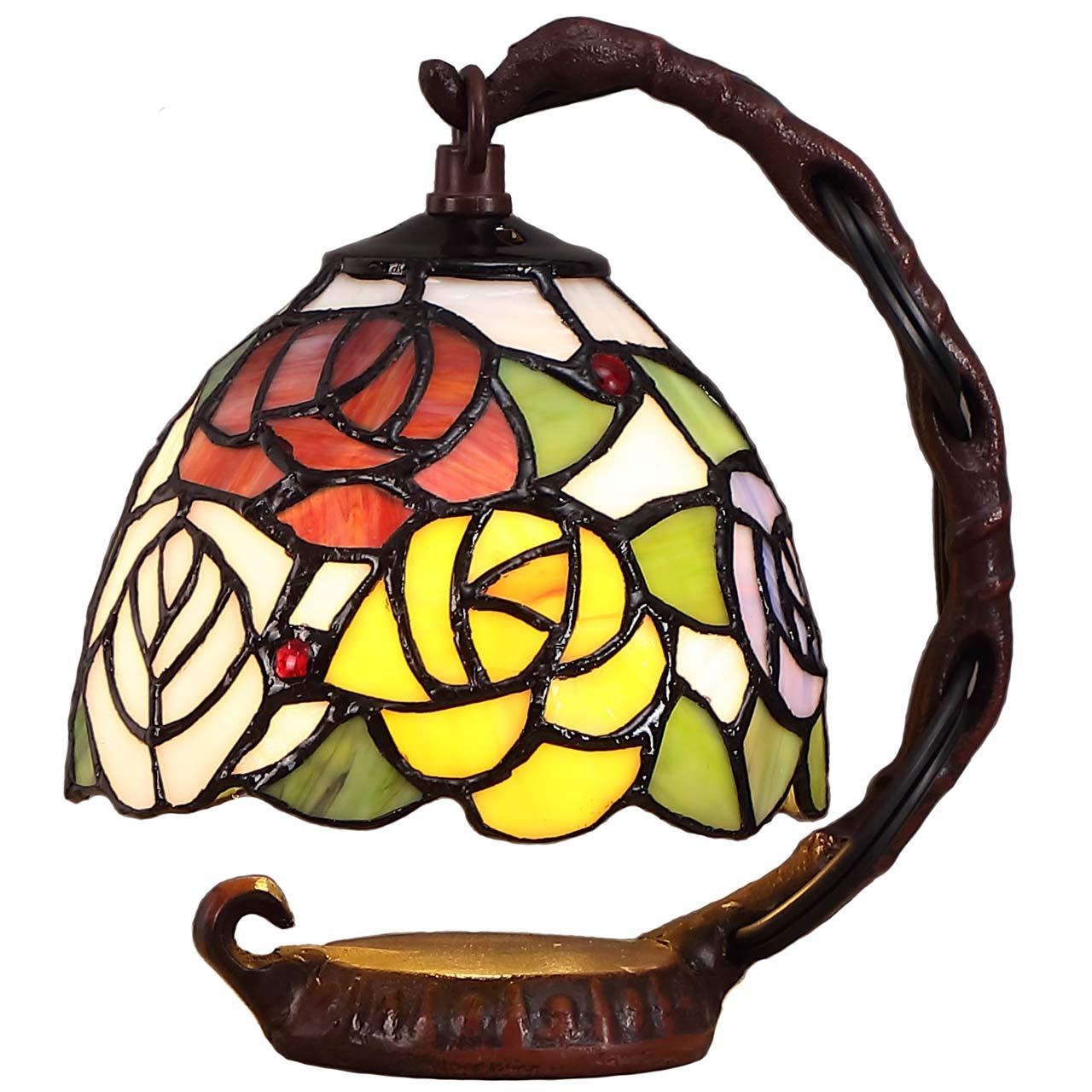 Bieye L10036 Rose Tiffany Style Stained Glass Table Lamp with 6-inch Wide Lampshade Hanging on The Cast Iron Base (Pink)
