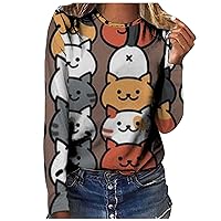 Crew Neck Tops for Women Fall Summer 3/4 Sleeve Cat Loose Fit Long Kawaii Funny Tops Blouses Shirts Women 2024