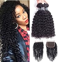 Amella Hair Brazilian Curly Virgin Hair Weave 3 Bundles with 4X4 Lace Closure 8A Brazilian Kinky Curly Hair Weave Bundles Natural Color(12 14 16+10Free Part Closure)