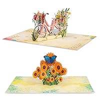 Paper Love Pop Up Cards 2 Pack - Includes 1 Spring Flower Bike and 1 Sunflower, For All Occasions, Mother Day, Birthday, Just Because- Includes Envelope and Note Tag