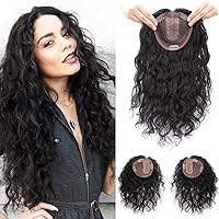Natural Curly Human Hair Topper Right Part Women Toupee Clip in Hairpieces 13x14cm Silktop Hair Topper Top Hair Pieces Topper Wavy Wiglets Hairpiece for Covering Thinning Hair/Loss Hair 14