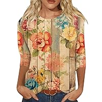 Women Spring Tops Casual Crew Neck T Shirts 3/4 Sleeve Floral Tees Fashion Basic Outfits Clothes 2024