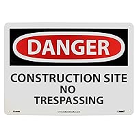 NMC D248RB DANGER - CONSTRUCTION SITE NO TRESPASSING Sign - 14 in. x 10 in. Rigid Plastic Danger Signage, Black/White Text on White/Red Base