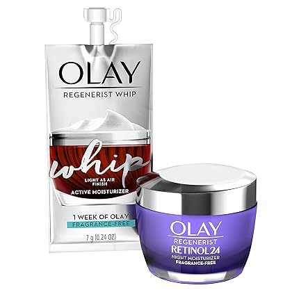 Olay Regenerist Retinol Moisturizer, Retinol 24 Night Face Cream with Niacinamide, Anti-Wrinkle Fragrance-Free 1.7 oz, Includes Olay Whip Travel Size for Dry Skin