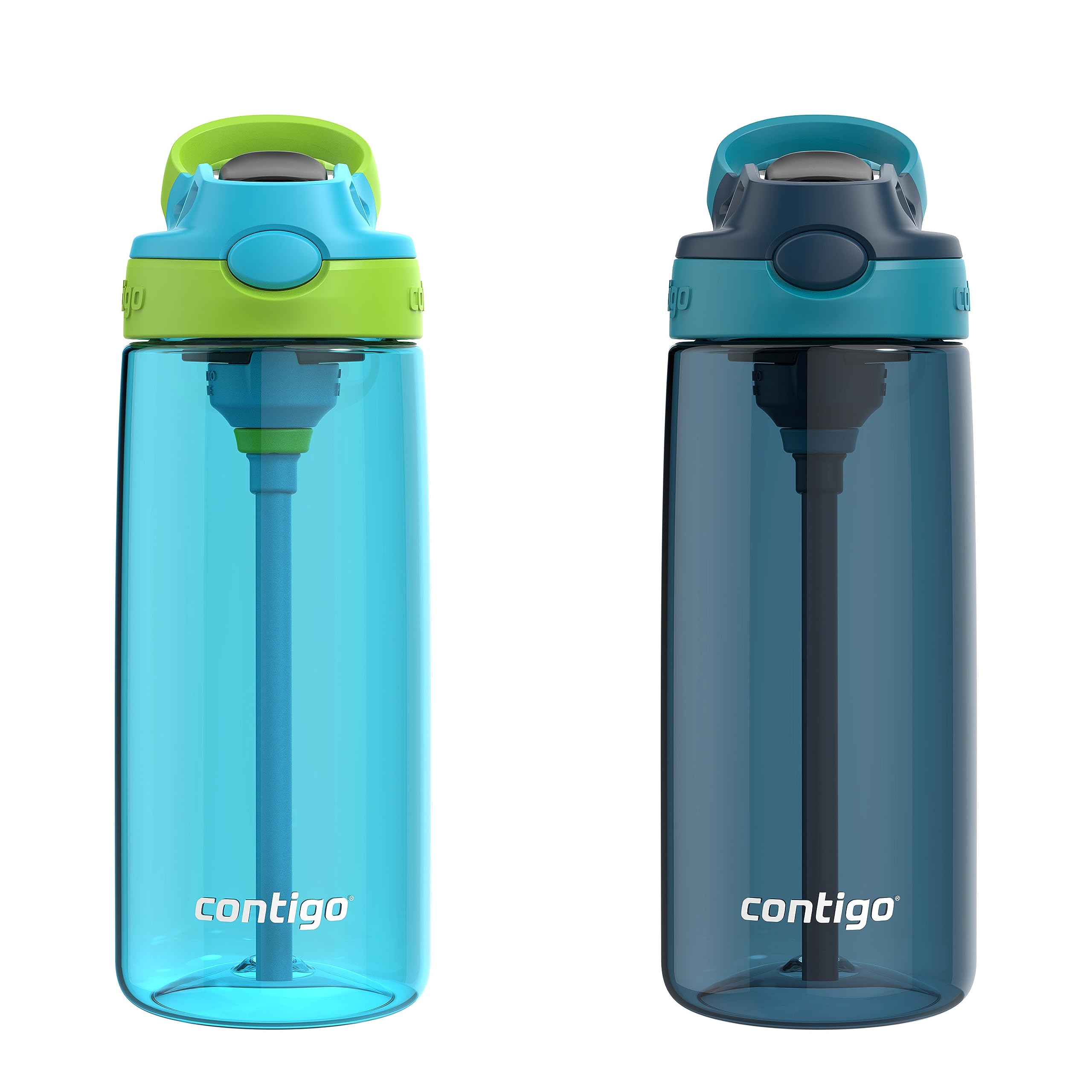 Contigo Aubrey Kids Cleanable Water Bottle with Silicone Straw and Spill-Proof Lid, Dishwasher Safe, 20oz 2-Pack, Blue Raspberry/Cool Lime & Blueberry/Juniper