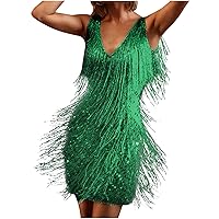 Women's Sequin Fringed Tassels Flapper Dress Sleeveless Backless Sexy Club Dress V Neck Cocktail Party Mini Dresses