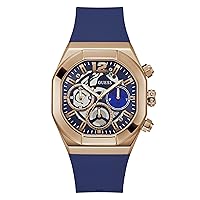 GUESS Men's 42mm Watch - Blue Strap Blue Dial Rose Gold-Tone Case