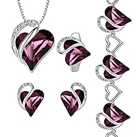 Leafael Infinity Love Heart Necklace, Stud Earrings, Bracelet, and Ring Set, February Birthstone Crystal Jewelry, Silver Tone Gifts for Women, Amethyst Pink