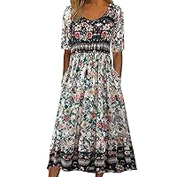 AODONG Lightning Deals of Today Womens Easter Dresses 2024 Easter Dress for Women Boho Ethnic Floral Print Maxi Dress Casual Loose Dresse with Pockets