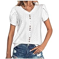 DASAYO Women Summer Casual Pointelle Tshirts V-Neck Ruffle Sleeve Fashion Blouse Tee Loose Work Going Out Trendy T Shirts