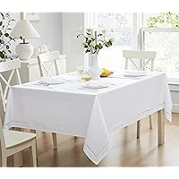 Newbridge Fabric Rectangle Tablecloth, 60 x 84 Inch, Spring Provence Lattice Cutwork Solid Color Textured, Water and Stain Resistant Easy Care Fabric Table Cloth, White