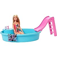Barbie Doll & Pool Playset with Pink Slide, Beverage Accessories & Towel, Blonde Doll in Tropical Swimsuit