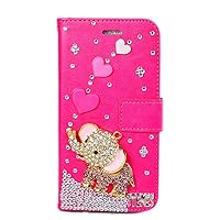 Crystal Wallet Phone Case Compatible with iPhone 13 Mini - Elephant - Hot Pink - 3D Handmade Sparkly Glitter Bling Leather Cover with Screen Protector & Neck Strip Lanyard