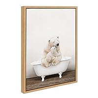 Kate and Laurel Sylvie Mother and Baby Polar Bear in Rustic Bath Framed Canvas Wall Art by Amy Peterson Art Studio, 18x24 Natural, Modern Fun Decorative Bathtub Wall Art for Home Décor
