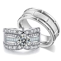 2.3Ct 18k White Gold Wedding Ring Sets for Him and Her Women Men Titanium Stainless Steel Bands Cz Couple Rings