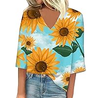 Summer Tops for Women 2024,Sunflower Printing Tshirt 3/4 Length Sleeve V Neck Casual Tops Loose Casual Blouse