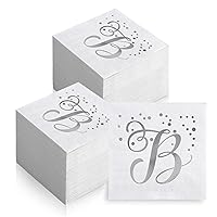 200 Pack Disposable Monogrammed Cocktail Napkins Silver Foil Letter B Paper Napkins Initial Beverage Napkin for Wedding Birthday Party Baby Shower Holiday Dinnerware Table Decor