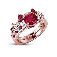1.5ct Red Ruby & CZ Diamond 2pcs 14K Rose Gold Finish Classic Look Mickey Mouse Engagement Ring Bridal Set for Jewelry